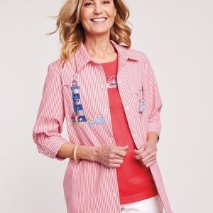 BLAIR TWIN SET EMBROIDERED LIGHTHOUSE BUTTON UP TOP and TEE